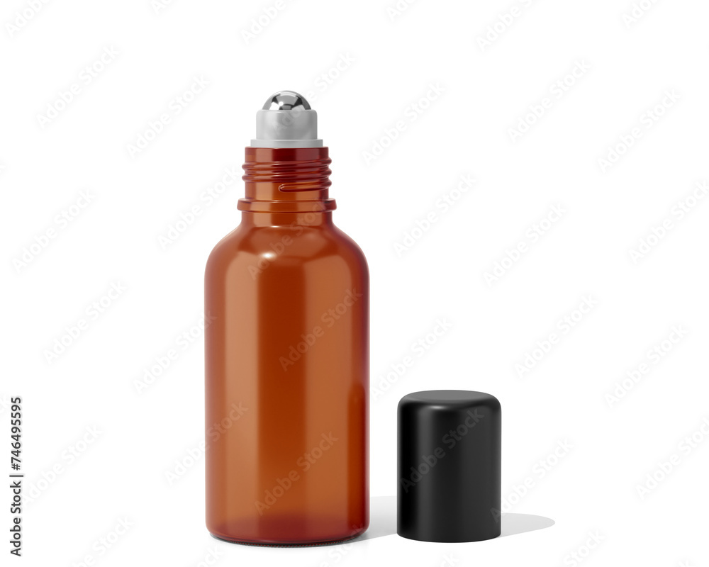 Fototapeta premium Blank Brown Roll On Glass Bottle Packaging Isolated On Transparent Background, Prepared For Mockup, 3D Render. 