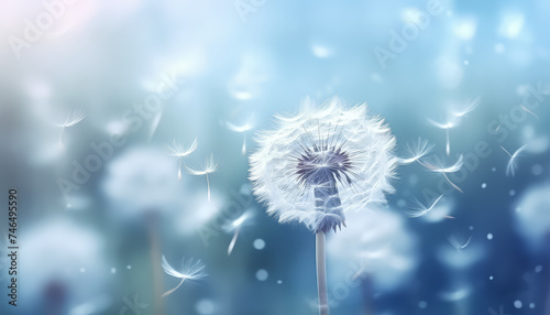 Dandelion on blue background flying