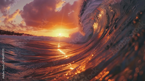 ocean wave swirls into a tube at sunset