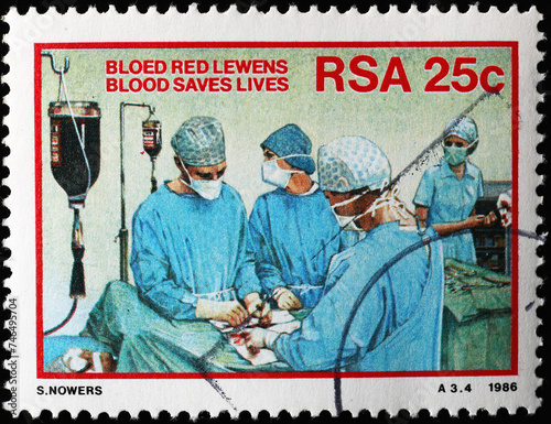 Promotional campaign to collect blood showing an operating room on stamp