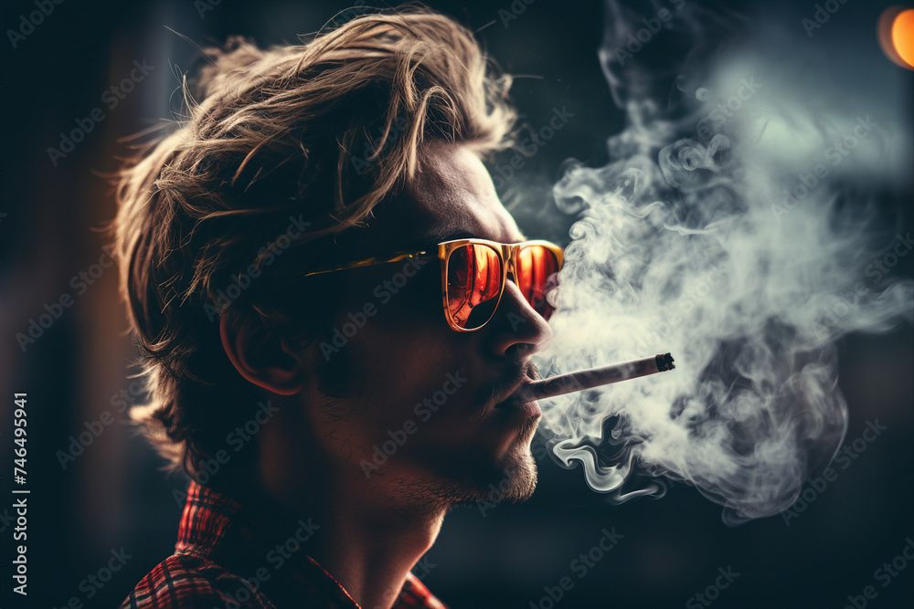 Fototapeta premium Bearded middle aged man smoking a vape lots of smoke generative AI concept
