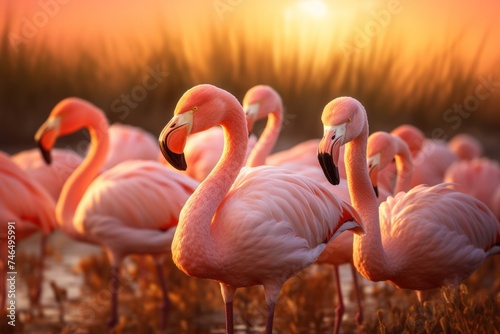 A flock of pink flamingos gathers silently at sunset. © ORG