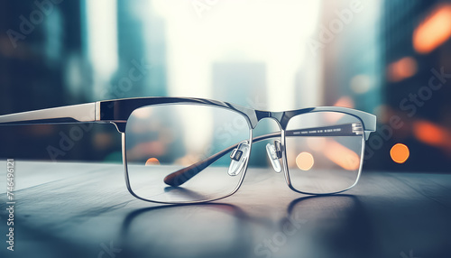 glasses close-up on the background of the city