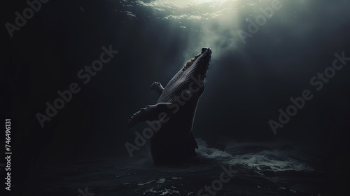 A dark interpretation of a random digital artwork featuring the intense and intimate observation of whale watching, highlighting the haunting beauty and mystery of these creatures