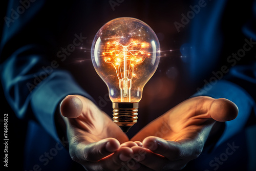 Businessman hand holding light bulb with industry network analysis solution and development generative AI