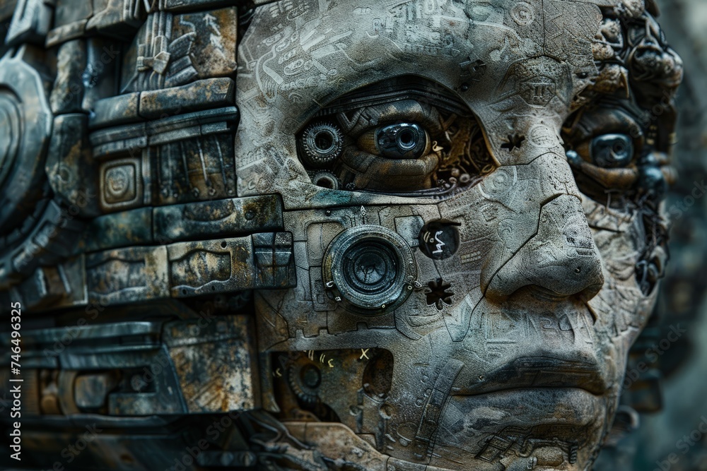 A grim portrayal of close-up depictions of cybernetic enhancements melded with Mayan architecture, serving as a stark reminder of the consequences of neglecting the health of our oceans