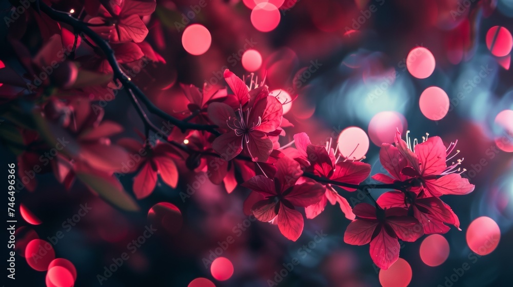 A close up of a flower with red petals and pink leaves, AI