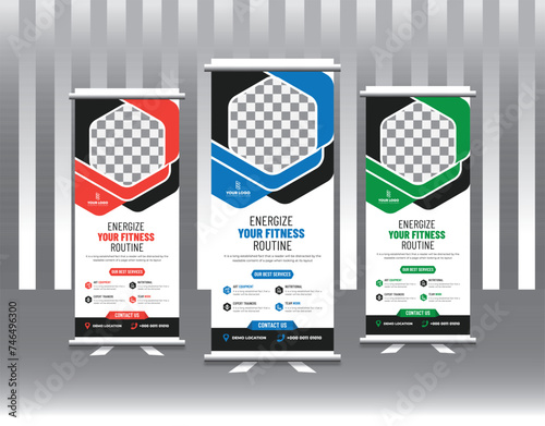 Modern and colorful Fitness gym business rollup banner design vector temp
