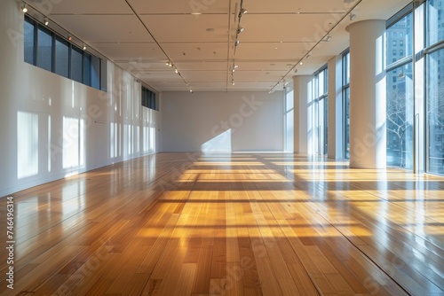 An empty room with a wooden floor and white walls in this area is well lit.