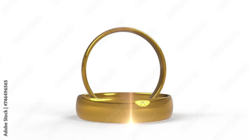 wedding intro animation with spinning golden ring with another on floor and camera zoom out and in into green screen. White background