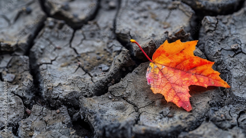 A single leaf is sitting on top of a cracked ground, AI A single leaf is sitting on top of a cracked ground, AI