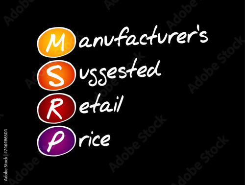 MSRP Manufacturer's Suggested Retail Price - the price that a product's manufacturer recommends it be sold for at point of sale, acronym text concept background