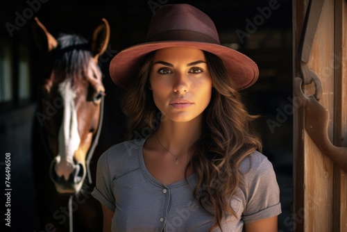 A beautiful brunette woman wearing a hat stood in front of the stable door and a horse was nearby. Smiling for the camera in the sunlight © ORG