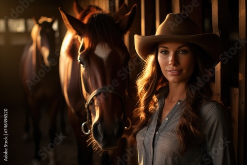 A beautiful brunette woman wearing a hat stood in front of the stable door and a horse was nearby. Smiling for the camera in the sunlight