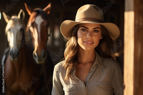 A beautiful brunette woman wearing a hat stood in front of the stable door and a horse was nearby. Smiling for the camera in the sunlight © ORG