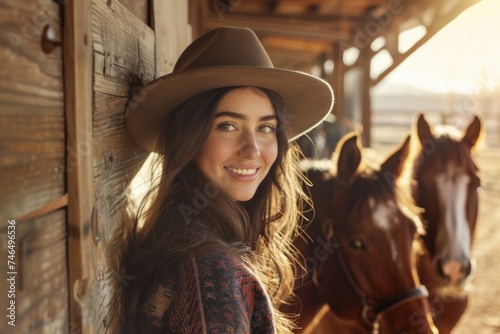 A beautiful brunette woman wearing a hat stood in front of the stable door and a horse was nearby. Smiling for the camera in the sunlight