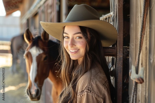 A beautiful brunette woman wearing a hat stood in front of the stable door and a horse was nearby. Smiling for the camera in the sunlight
