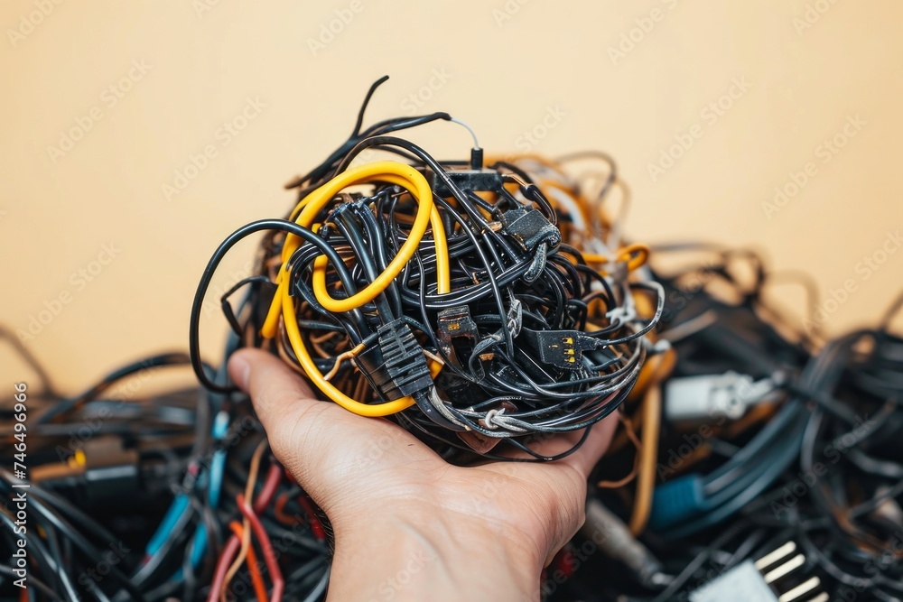 Hand held up with pile of tangled old smart technology wires, used