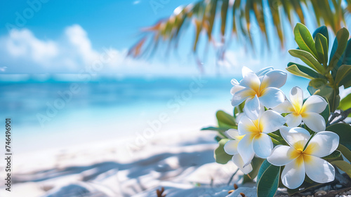 Summery plumeria flowers against a blurred beach backdrop, perfect for serene and vibrant summer backgrounds