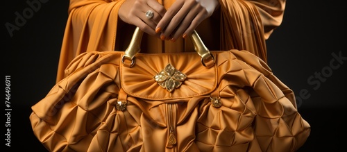 fashionable woman pose holding big gold textured bag, Woman fashion concept
