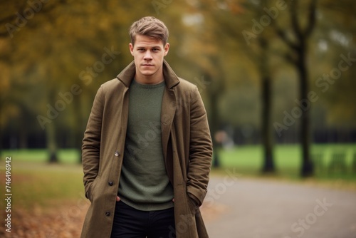 man wearing coat holding hands in pockets and looking away. Horizontal outdoors shot.
