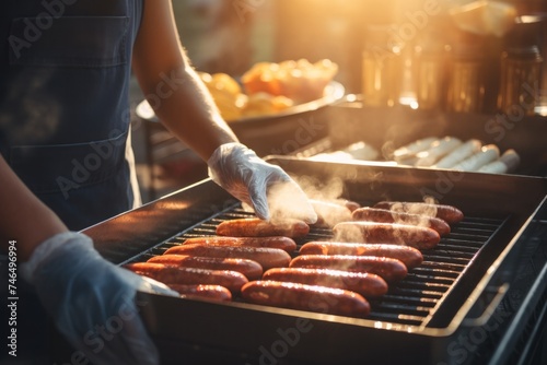 chef using fork to pick delicious hot dogs and fresh sausages on grill pan while cooking food