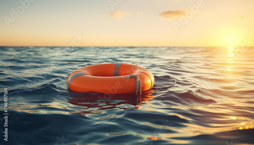 Lifebuoy in the sea at sunset without people