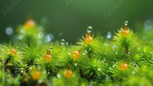 A close up of a bunch of green plants with water droplets on them, AI