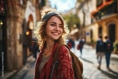 Smiling traveler girl in street of old town in Spain. Young backpacker female tourist enjoy solo travel. Vacation, holiday, trip, exchange program, digital nomads, Generative AI
