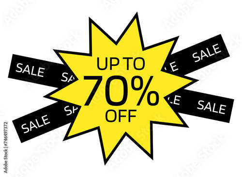 Up to 70% OFF written on a yellow ten-pointed star with a black border. On the back, two black crossed bands with the word sale written in white.