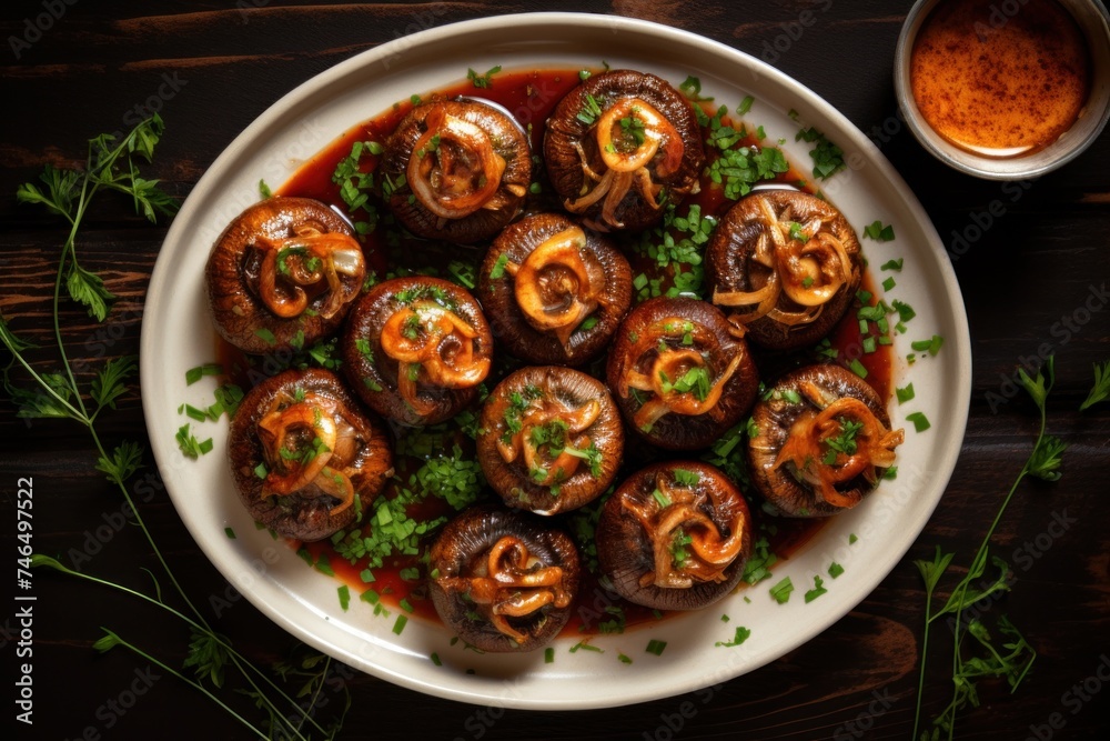 homemade baked mushrooms garnished with sauce and served on round ceramic plate