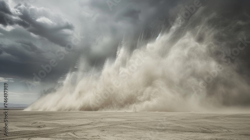 Giant Sandstorm Engulfing a Barren Desert Landscape. photo