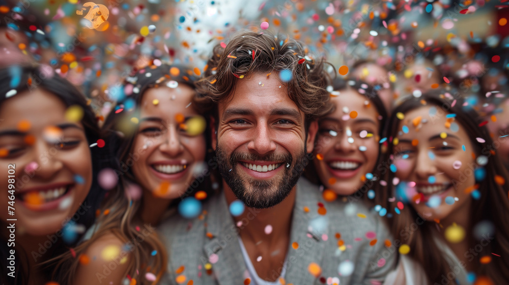 Street Euphoria People Smiling and Having Fun in Multicultural Celebration with Confetti Street Euphoria People Smiling and Having Fun in Multicultural Celebration with Confetti