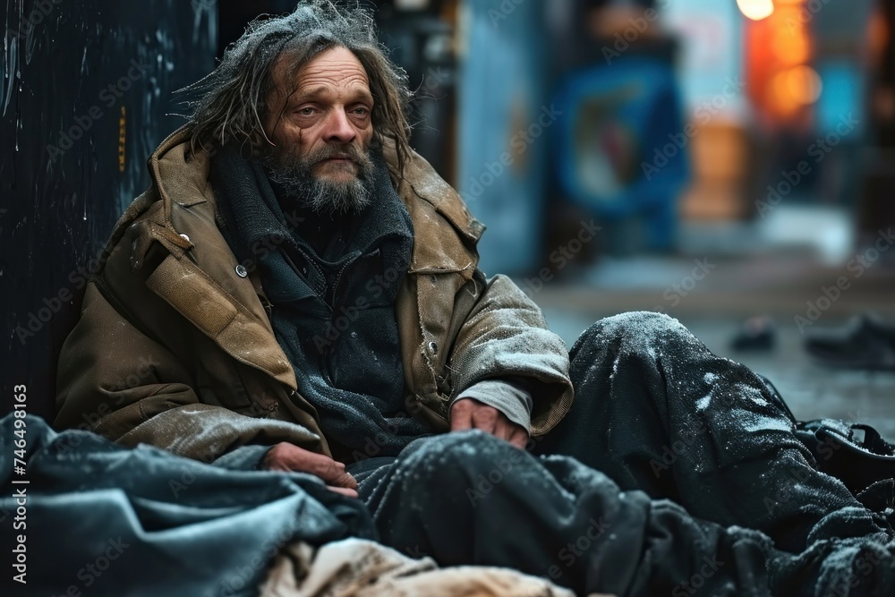 Homeless beggar sitting on ground on street. Poor, hungry, frozen, sick homeless old man on street in winter. Poverty, misery, bankruptcy, crisis, social welfare, Generative AI