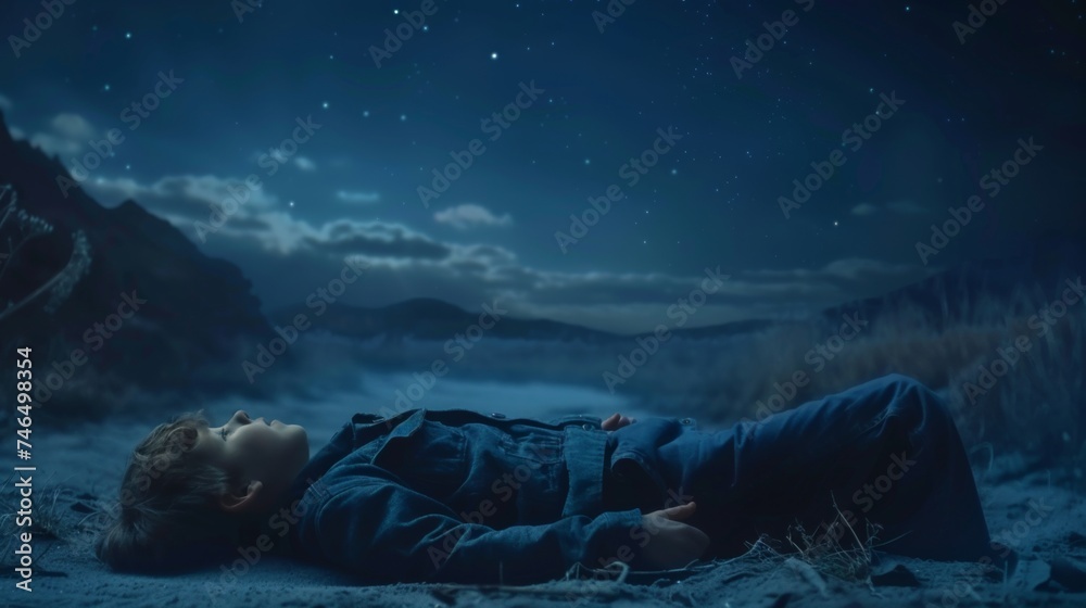 Fototapeta premium A young boy lies on the ground, lost in contemplation under a vast, starry night sky.