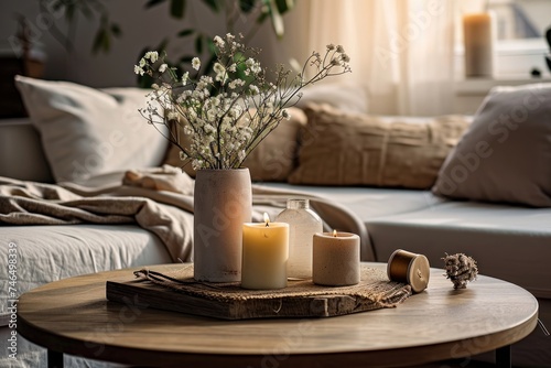 Modern house interior details. Simple cozy beige living room interior with sofa  decorative pillows  wooden table with candles and natural decorations  Generative AI