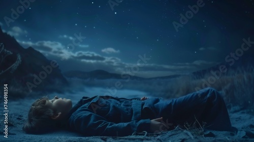 A young boy lies on the ground, lost in contemplation under a vast, starry night sky.