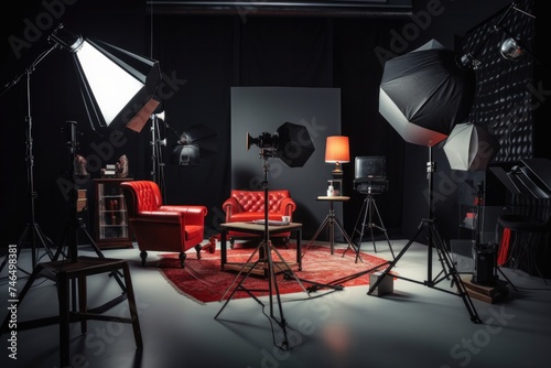 Interior of modern photography studio and professional camera