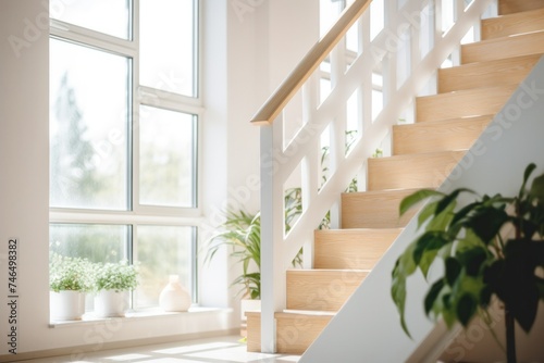 Interior view of modern home staircase with white stairs and wooden handrails