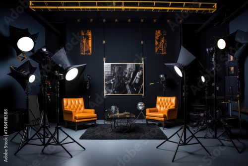 Interior of modern photography studio and professional camera