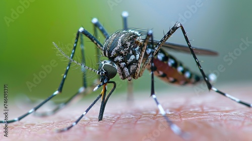 A close up of a mosquito on the skin of someone's hand, AI