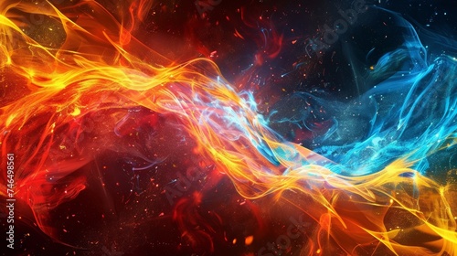 A close up of a blue and orange flame with some red in it, AI