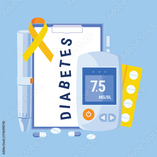 World Diabetes Day with ribbon and glucometer medical supplies
