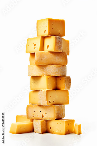 A picturesque display of assorted cheese slices stacked in a pyramid formation, showcasing a variety of textures, colors, and flavors. From creamy brie to tangy cheddar, culinary diversity. 