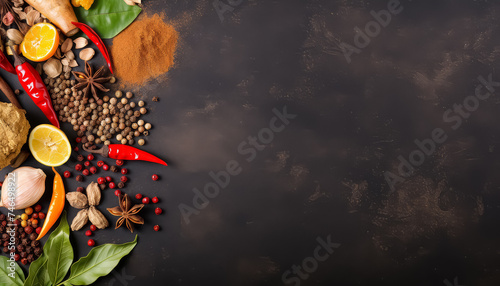 Spices on black background scattered space for text in the middle