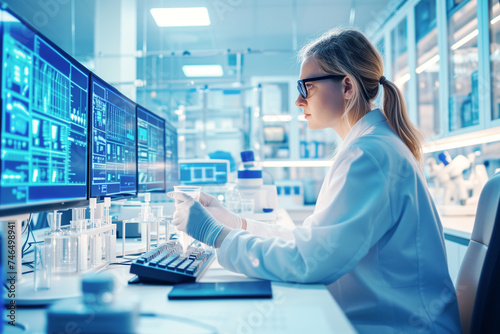 Medical Research Laboratory: Portrait of Female Scientist Working on Computer, Analysing Liquid Sample in a Labolatory. AI Generative