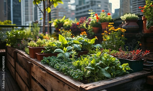 Wooden raided beds in an urban garden growing plants herbs spices vegetables and flowers in the city. Sustainable living lifestyle, Generative AI