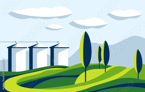 Abstract Landscape - hills, trees and silo towers
