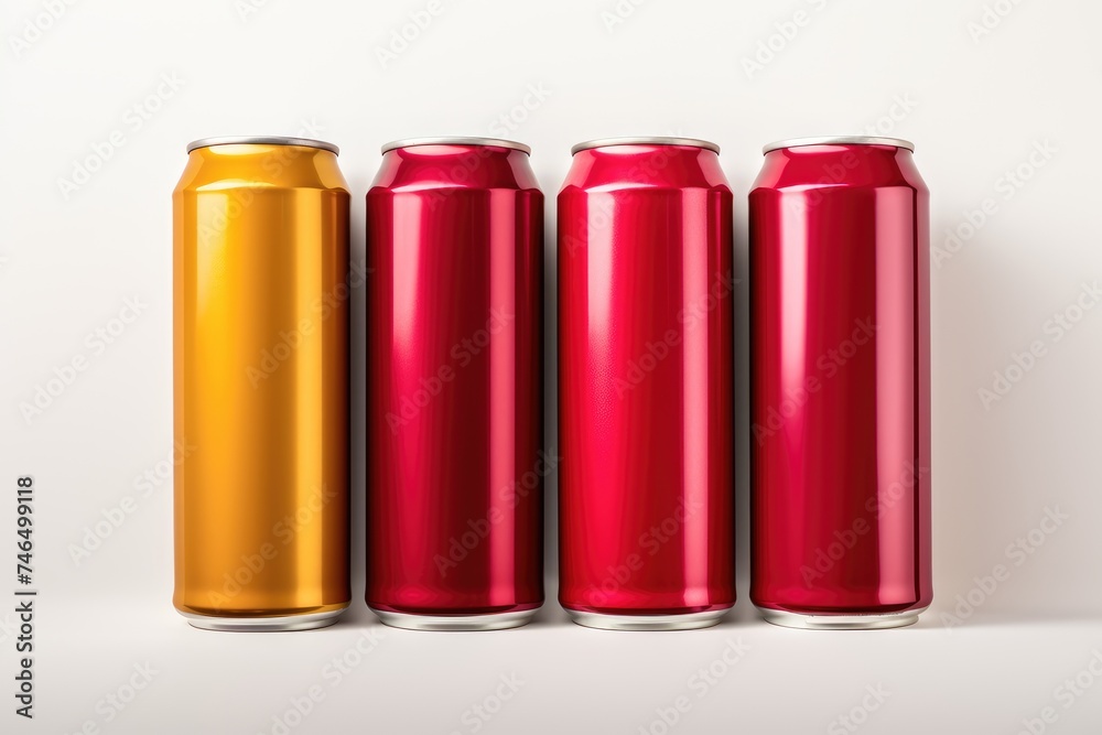 Red and Yellow Aluminum Cans Mockup on White Background.