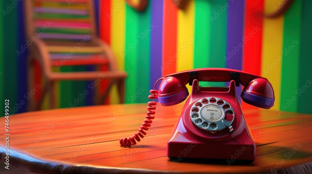 Retro fashioned telephone with handset placed on wooden table against colorful green and purple striped background